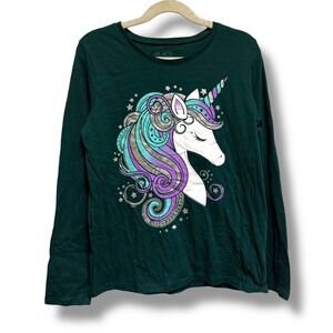 The Childrens Place Girls Green Unicorn Glitter Graphic Long Sleeve Tee L 10/12